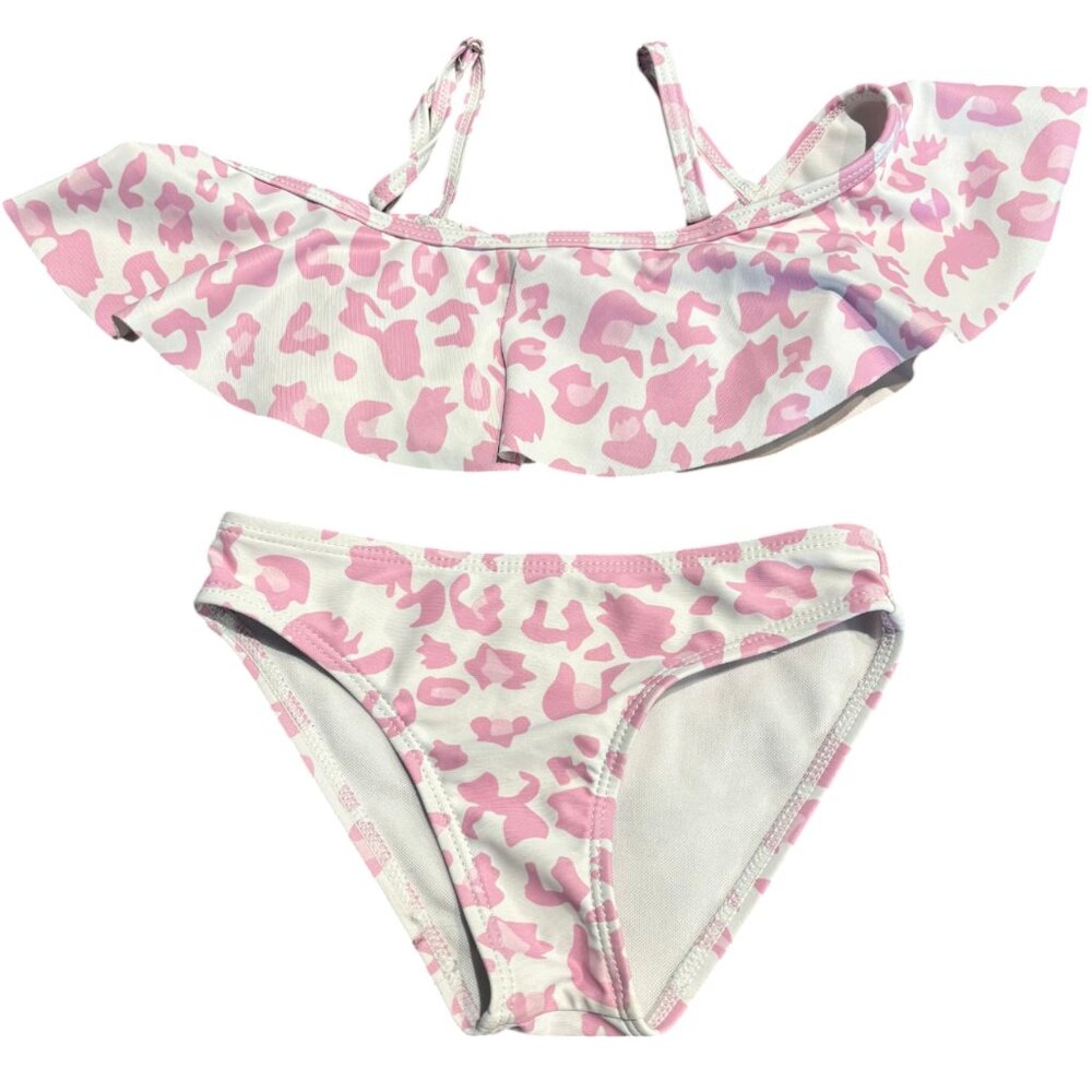Shein girl's pink white animal print off the shoulder bikini swimsuit sz 110